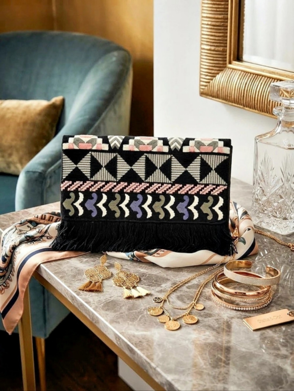 Boho Stella & Dot Taj Clutch Geometric Fringe Black & Pink